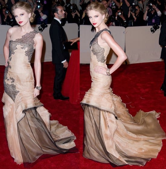 Taylor Swift in J. Mendel Couture Taylor Swift in J. Mendel Couture attends the "Alexander McQueen: Savage Beauty" Costume Institute Gala