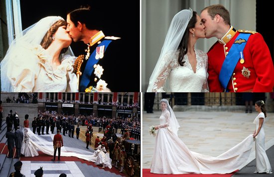 A royal wedding through two eras: Princess Diana arrives at St. Paul’s Cathedral in 1981 in a voluminous ivory gown with a record-breaking train, while Catherine Middleton steps into Westminster Abbey in 2011 in a sleeker, lace-defined Alexander McQueen silhouette—each bridal look reflecting the evolving language of royal style, from dramatic excess to modern precision
