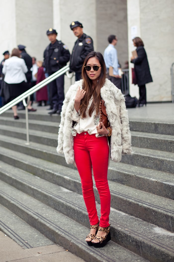 aimee song in joe's jeans leopard wedge brenda sandals Aimee Song turns heads in bold red skinny jeans, a luxe faux fur coat, and statement leopard-print platform sandals—proving fearless fashion is all about balance and confidence
