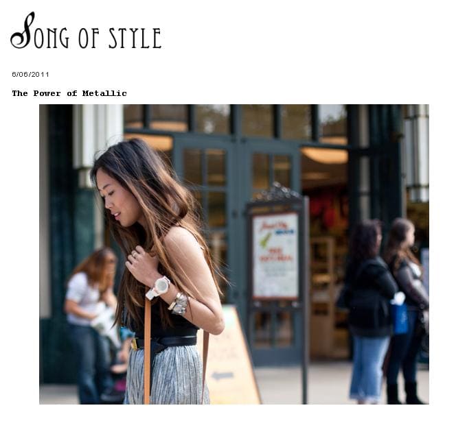 aimee song of song of style homepage recent post Aimee Song steps out in a pleated metallic skirt and layered accessories in “The Power of Metallic” post on her Song of Style blog (June 2011)