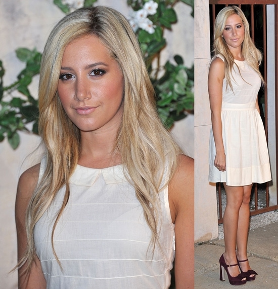 ashley tisdale in asos and miu miu Ashley Tisdale demonstrates effortless elegance by pairing a simple white ASOS dress with bold burgundy Miu Miu platform pumps at Miu Miu presents Lucrecia Martel's 'Muta' party held at a private residence in Beverly Hills