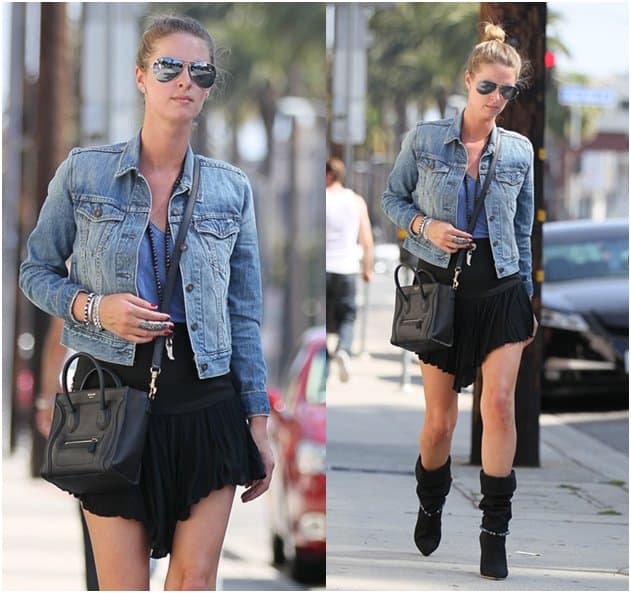 Nicky Hilton Running Errands in Beverly Hills, L.A., June 17, 2011 Nicky Hilton nails off-duty chic in a denim jacket, blue top, black pleated mini skirt, Isabel Marant embellished boots, a Celine Nano bag, and aviator sunglasses—an effortlessly cool summer look