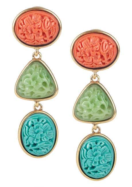 oscar de la renta 24 karat gold plated cabochon earrings Embellished with floral-etched coral, turquoise, and jade cabochons, Oscar de la Renta's 24-karat gold-plated earrings are a bold red carpet style