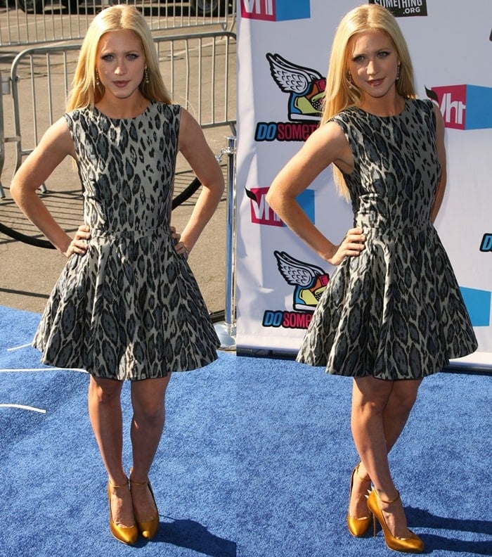 Brittany Snow rocking a Camilla and Marc sleeveless dress featuring a flared skirt