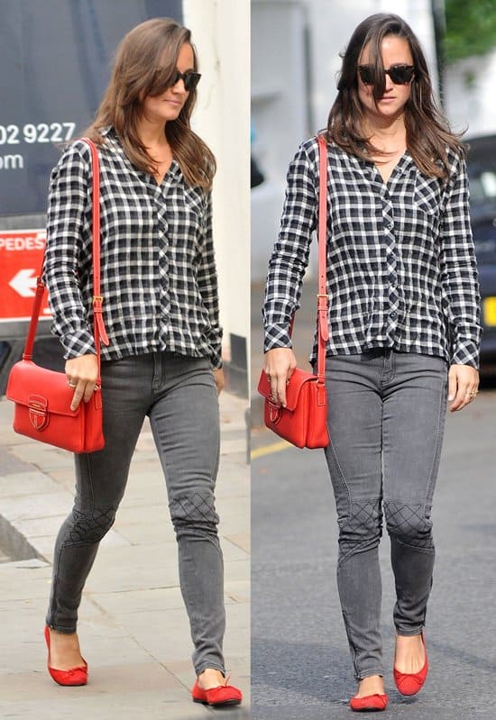 Pippa Middleton out and about in London On September 16, 2011, in London, Pippa Middleton was seen wearing French Connection Nebraska stretch skinny jeans, a Prada crossbody bag, and French Sole Pirouette red nubuck flats