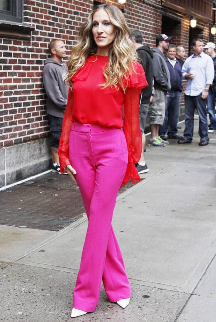 Sarah Jessica Parker stuns in a bold color-block ensemble outside the Late Show with David Letterman Studio