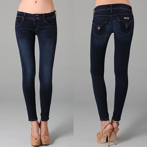 Hudson Collin flap pocket skinny jeans These dark-rinse skinny jeans feature 5-pocket styling and a double-button closure