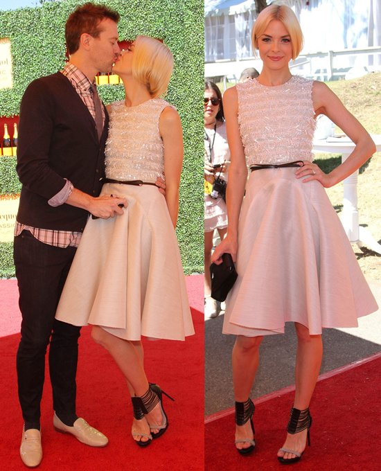Jaime King in Nicholas Kirkwood for Jason Wu Sandals Jaime King kissing her husband, Kyle Newman, at the Veuve Clicquot Polo Classic Los Angeles