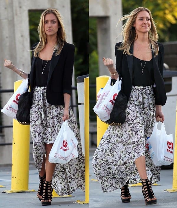 Kristin Cavallari pairs a flowing asymmetrical skirt with strappy gladiator heels, a black blazer, and a studded Alexander Wang bag for a chic yet effortless street-style look