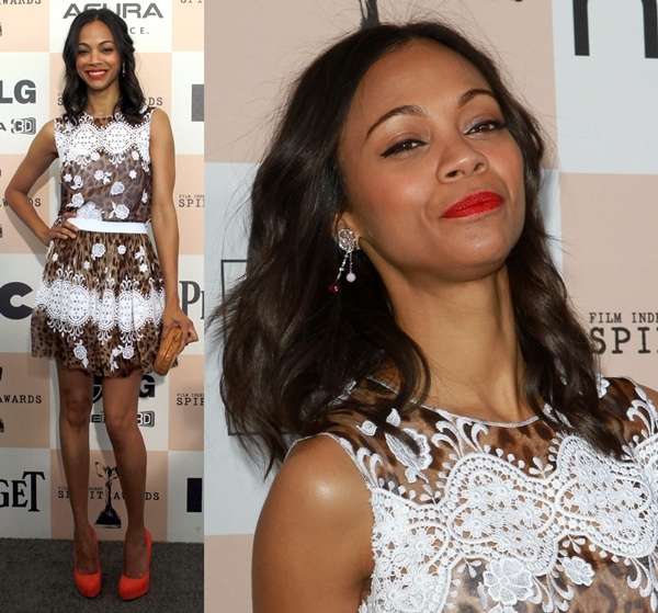Zoe Saldaña made a breathtaking appearance in a leopard print Dolce Gabbana cocktail dress at the 2011 Film Independent Spirit Awards