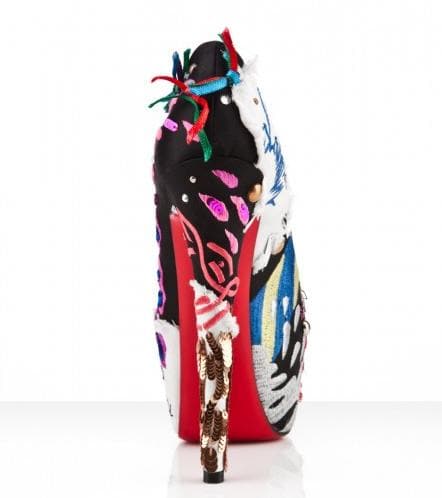 christian-louboutin-daffodile-brodee These pumps feature a patchwork of multicolor sequins, rhinestones, embroidery, appliqué, ribbons, writing, metal beading, and chains