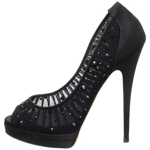 Casadei sparkly platform pumps Casadei Black Rhinestone and Mesh Triple Platform Peep-Toe Pumps