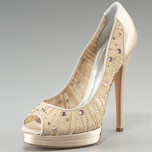 Casadei Champagne Rhinestone and Mesh Triple Platform Peep-Toe Pumps Casadei Champagne Rhinestone and Mesh Triple Platform Peep-Toe Pumps