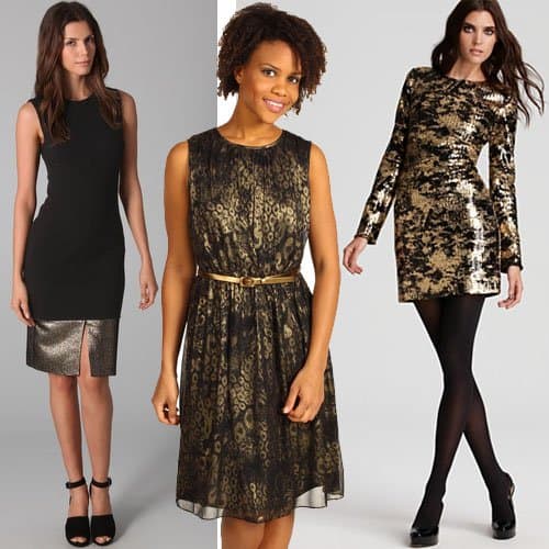 Black and gold dresses Diane von Furstenberg Blee sleeveless dress, Ellen Tracy pleated sleeveless dress and ADAM foil-printed sequin dress