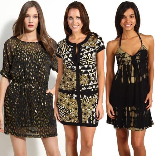 Black and gold dresses DKNY boat neck chiffon overlay dress, BCBG Max Azria Daly short sleeve slit front dress and Alejandra Sky Nonie halter dress