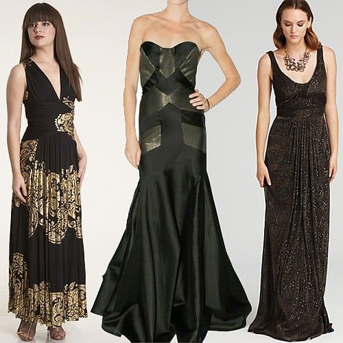 Black and gold dresses Rubber Ducky Grecian goddess long floral dress, Guishem satin and lurex geometric long strapless dress and David Meister metallic gown