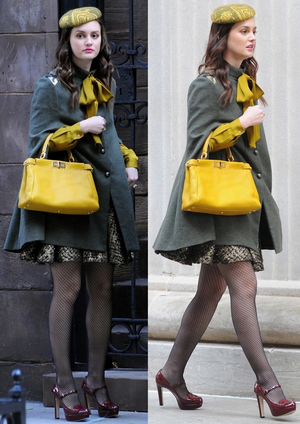 Leighton Meester in a Gryphon olive-green cape, a mustard necktie blouse, and an Alice + Olivia ‘Oshi’ flared boucle skirt