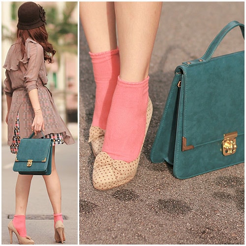 Mayo Wo of Mellow Mayoness Mayo Wo pairs bright coral socks with perforated wedge heels and a teal structured bag for a chic, girly twist