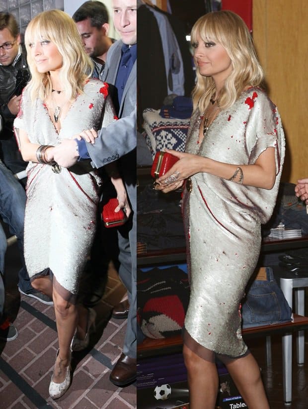 Nicole Richie wore a Halston two-tone sequined dress accessorized with various House of Harlow 1960 pieces including a hematite arrowhead ring, Olivia red croc-embossed leather clutch, large hematite pave pendant necklace, Norah snake platform court shoe, geometric jet pave ring, claw cuff, arrowhead pendant necklace, and armor claw ring in silver at her House of Harlow pop-up shop at Fred Segal on November 19, 2011