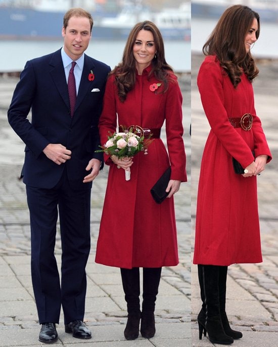 Kate Middleton styled her look with a burgundy L.K. Bennett Ami coat cinched by a Reiss Bessie belt, Stuart Weitzman Zipkin knee-high suede boots, a black suede Muse clutch by Stuart Weitzman for Russell Bromley, Vinnie Day gold-plated logo leaf earrings, and her iconic Garrard Co 12k Ceylon sapphire and diamond engagement ring