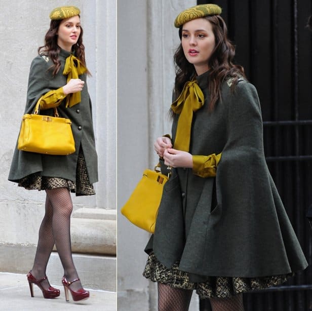 gossip girl film set 311011 Leighton Meester films scenes for Gossip Girl Season 5 in a textured metallic skirt on location in Manhattan New York City, October 31, 2011