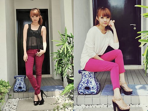 Bobo Stephanie denim outfit Color-pop perfection: Bobo makes a bold statement in pink skinny jeans, styled with neutral tops and sky-high platforms that add effortless glam