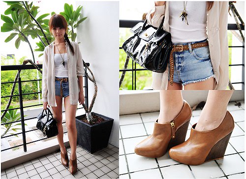 Bobo Stephanie denim outfit Effortless edge: Bobo elevates denim cutoffs with sleek tan wedge booties and a polished black patent bag for a look that’s casual, chic, and totally wearable