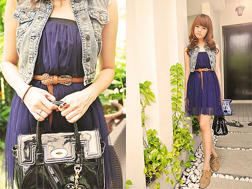 Bobo Stephanie denim outfit Modern boho vibes: Bobo elevates a flowy navy dress with tan oxford heels, a braided belt, and a cropped denim vest for a perfectly polished daytime look
