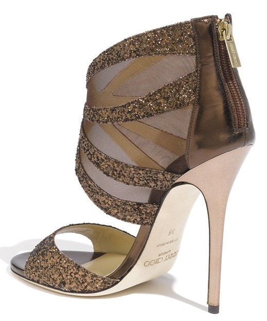 jimmy choo leila glitter coated mesh sandal Chunky glitter illuminates the curvy straps of a glamorous high-heel sandal with tonal mesh panels for added allure