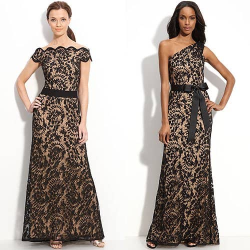 Black lace gowns Tadashi Shoji lace overlay off-shoulder gown / Tadashi Shoji one-shoulder lace dress