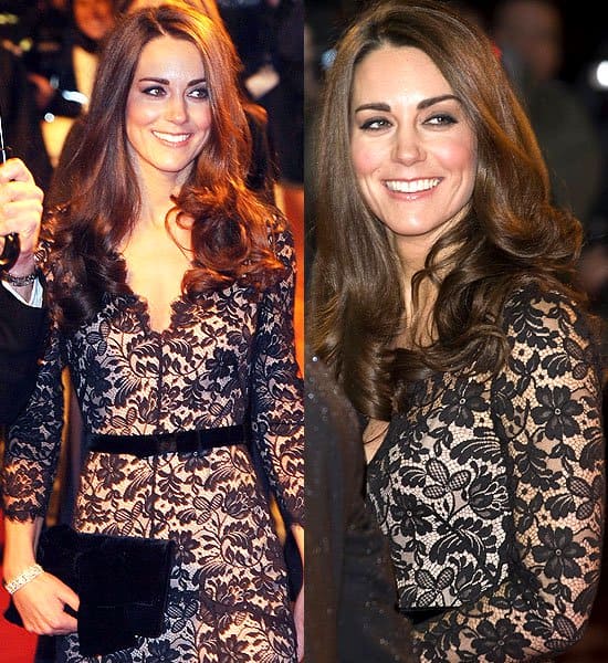 Kate Middleton "War Horse" premiere Kate Middleton looked stunning in a black lace floor-length Amoret Lace Dress by Temperley London, featuring bracelet-length sleeves, a keyhole closure on the back, a removable velvet waist belt with a bow, and a nude-pink silk slip lining, at the premiere