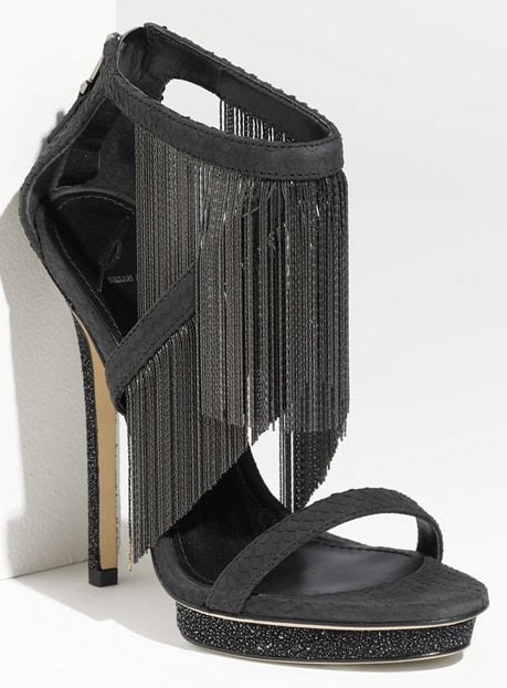 b brian atwood cassiane Captivating chain fringe drapes dynamic allure over a strappy, snake-stamped sandal supported by a sparkling platform and heel