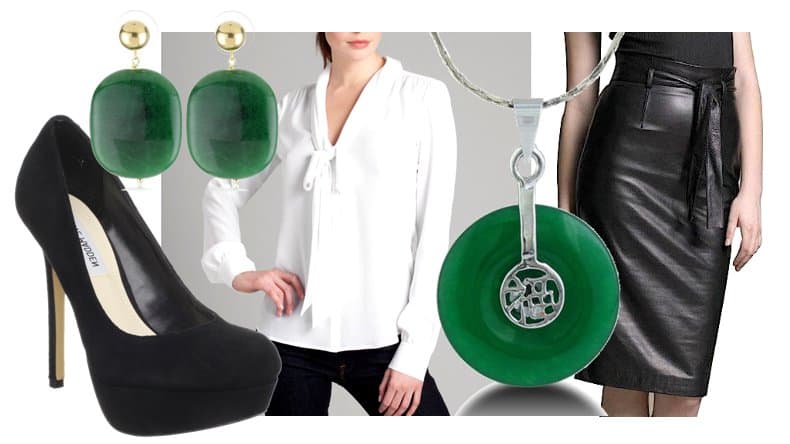 copying angelina in leather BGSD Belted Lambskin Pencil Skirt, GUESS by Marciano Eliza Blouse, Steve Madden Bevv Platform Pump, Super Jeweler Classic Jade Look Pendant Necklace, and Amanda Rudey Rock Candy Emerald Jade Jawbreaker Earrings
