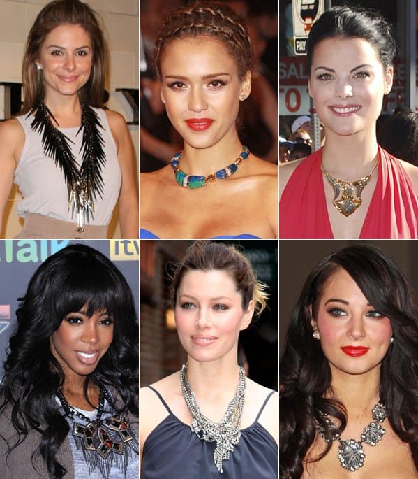 Celebrities Sporting Statement Necklaces Maria Menounos, Jessica Alba, Jaimie Alexander, Kelly Rowland, Jessica Biel, and Tulisa wearing statement necklaces