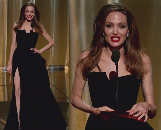 Angelina Jolie in Salvatore Ferragamo velvet peep toe pumps Angelina Jolie's signature loose wavy hair