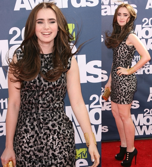 Lily Collins in a leopard-print Dolce Gabbana dress at the 2011 MTV Movie Awards