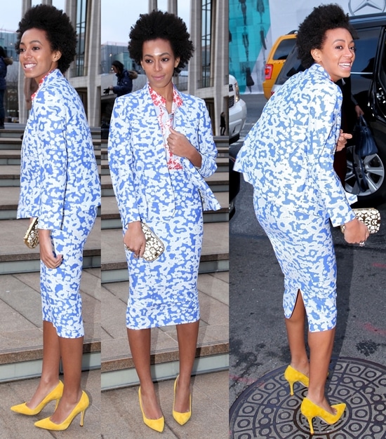 Solange Knowles NYFW Solange Knowles arrived at the Diane von Furstenberg Fall 2012 show during New York Fashion Week in a blue-and-white printed blazer and matching pencil skirt, adding a gold clutch for extra polish
