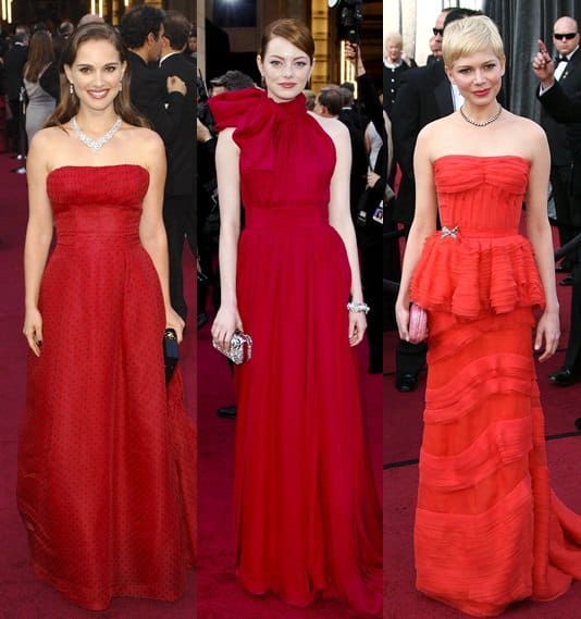 natalie-portman-emma-stone-michelle-williams-red-oscars-2012 Red Carpet Royalty: Natalie Portman, Emma Stone, and Michelle Williams Dazzle in Red at the 2012 Oscars