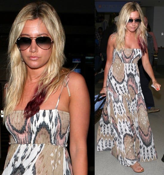 Ashley Tisdale arrives in on a flight from Hawaii at LAX International Airport in Los Angeles, CA on March 23, 2012 Ashley Tisdale exuded casual chic at LAX on March 23, 2012, accessorizing her AllSaints Ikat Maxi Dress with a Balenciaga Giant City bag in light blue, BC Footwear's 'Sleep Under the Stars' sandals and Ray-Ban 3025 Aviator sunglasses