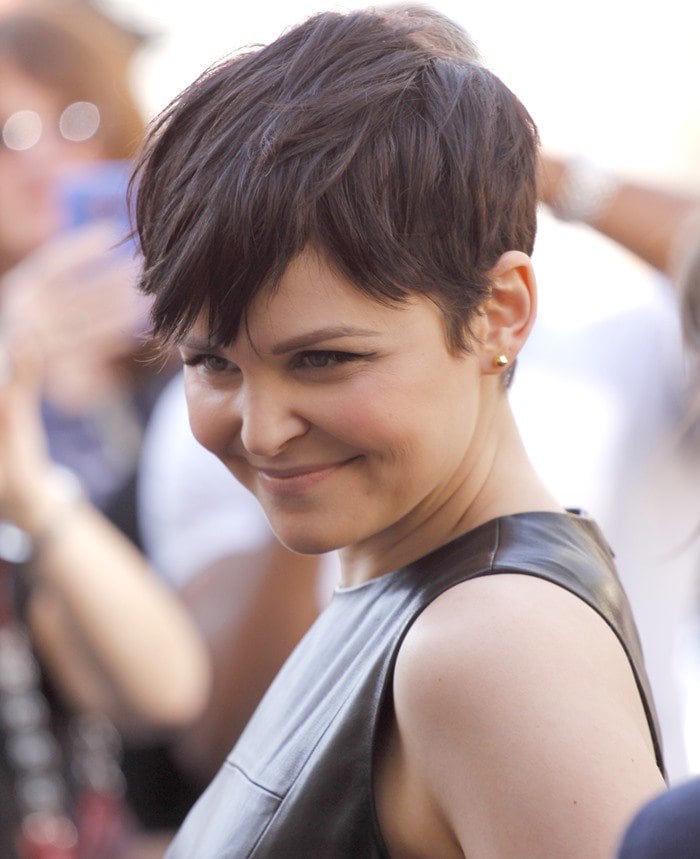 Ginnifer Goodwin shows off her signature pixie cut and minimalist gold studs while arriving at The Grove for her appearance on Extra