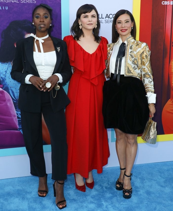 Ginnifer Goodwin in a red Preen dress and Casadei heels joins co-stars Kirby Howell-Baptiste and Lucy Liu—wearing Alexandre Vauthier couture with ALDO shoes and a Tyler Ellis clutch—at the Why Women Kill premiere in Beverly Hills on August 7, 2019