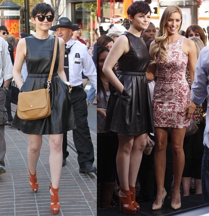 Ginnifer Goodwin poses with Renee Bargh on Extra, wearing a Shoshanna Fall 2012 leather dress and striking orange Giuseppe Zanotti cutout platform sandals