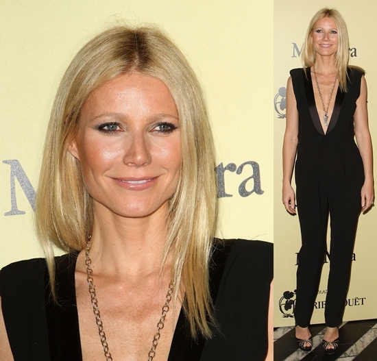 women in film pre oscar party 250212 Gwyneth Paltrow exudes sleek sophistication in a plunging black jumpsuit paired with black-and-gold Jimmy Choo 'Koko' platform sandals at the Women In Film Pre-Oscar Cocktail Party