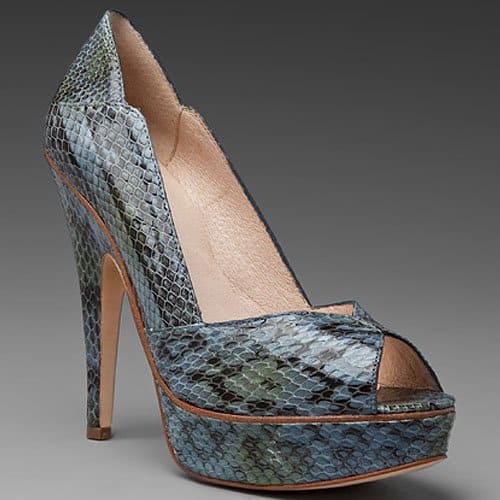 House of Harlow 1960 Leigh snakeskin pumps The 'Leigh' pump by House of Harlow 1960 is rendered in a vibrant blue and green snakeskin print with a high heel and a substantial platform