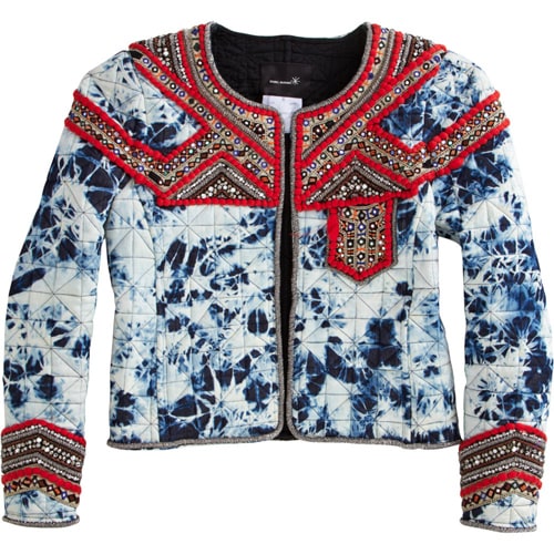 Isabel Marant embellished tie dye jacket Brooklyn Decker's eye-catching Isabel Marant jacket merges classic tie-dye with luxurious embellishments, a standout piece from their popular collection