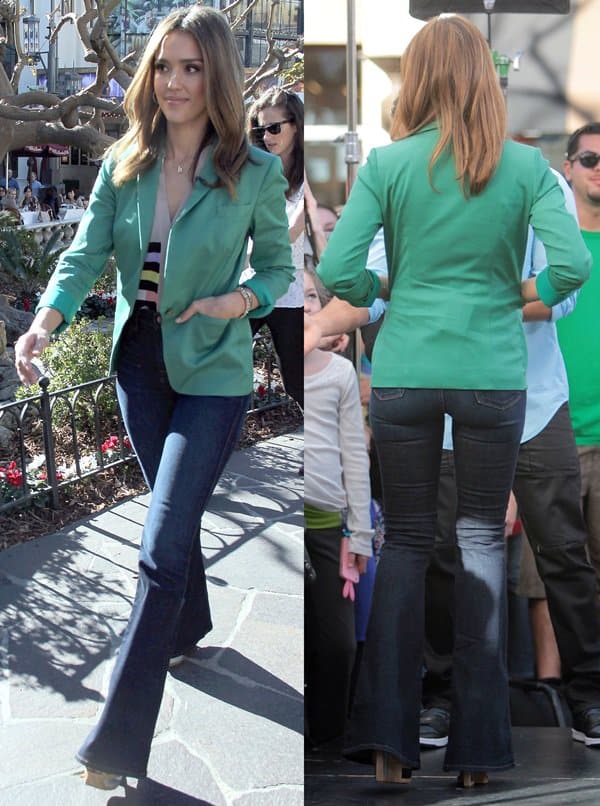 Jessica Alba styled J Brand “Kiki” high-rise flares with an angular, emerald green “Mafia Suiting” blazer from Australian fashion designer Lisa Ho