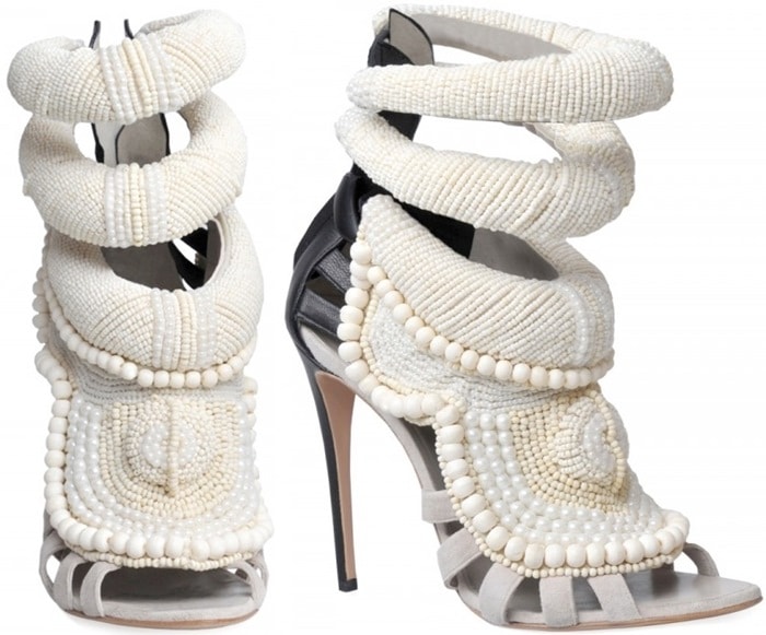 Kanye West’s Giuseppe Zanotti “All Over Beads” sandals combined intricate hand-applied pearlwork with futuristic cage straps and dramatic layered ankle rings, capturing the maximalist luxury mood of 2012 fashion