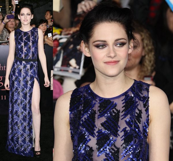 Kristen Stewart wearing a belted column gown by J. Mendel at the World Premiere of "The Twilight Saga: Breaking Dawn Part 1" held at Nokia Theatre L.A. Live in Los Angeles, California, United States on November 14, 2011