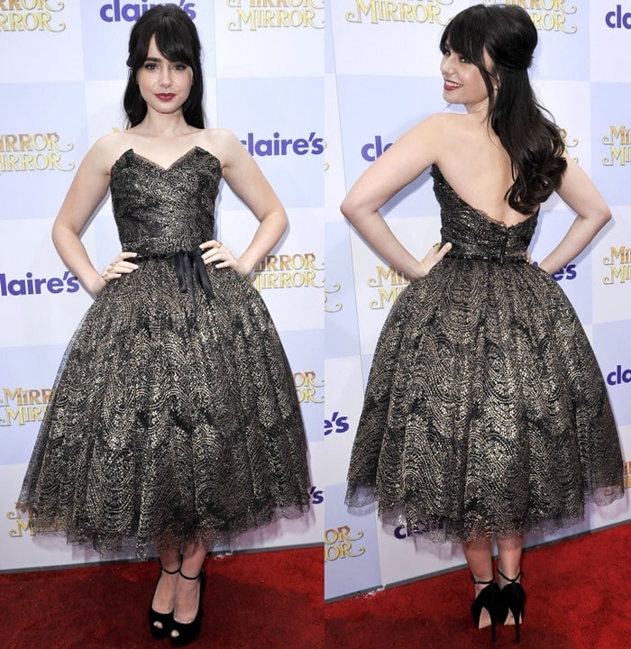 Lily Collins wearing a gorgeous princess like Dolce Gabbana dress and peep-toe pumps from Giuseppe Zanotti