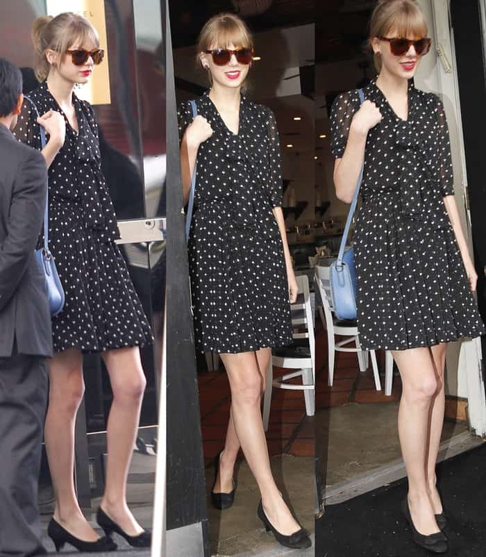 Taylor Swift in a Dolce Gabbana polka dot dress and black pumps after lunch at Toast Cafe in West Hollywood